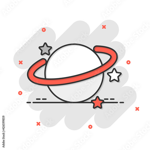 Saturn icon in comic style. Planet vector cartoon illustration on white isolated background. Galaxy space business concept splash effect.