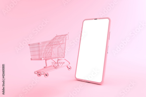 3D rendering of mockup pink Smartphone white screen surrounded by shopping cart. Concept of shopping on mobile phone and Can fill the content on the white phone screen isolated on the pink background.