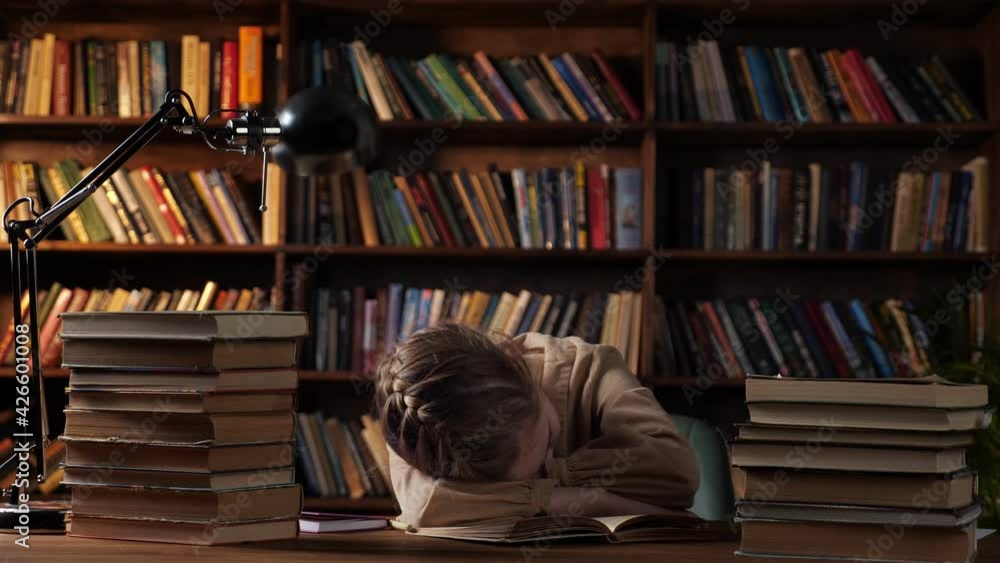 Tired schoolgirl sleeps putting head on copybook among book stacks on wooden table against bookcase under electric light in late evening at home