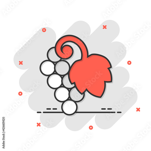 Grape fruits sign icon in comic style. Grapevine vector cartoon illustration on white isolated background. Wine grapes business concept splash effect.