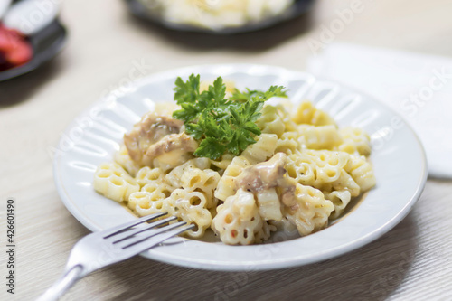 Macaroni and cheese, on the kitchen table