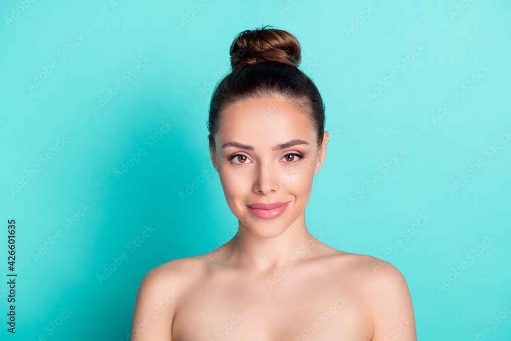 Photo of young happy positive smiling woman wear no clothes after skin