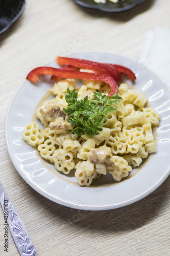 Macaroni and cheese, on the kitchen table