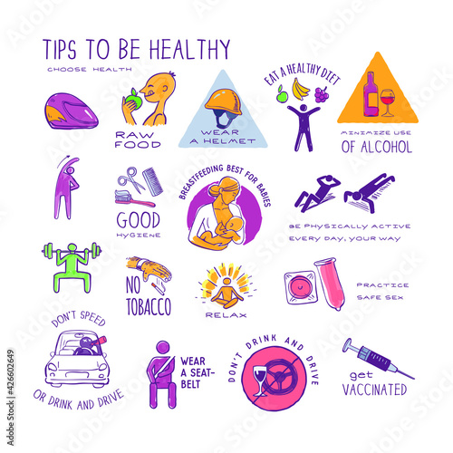 healthy live style, colorful hand drawn icons set, isolated vector illustrations emblems.