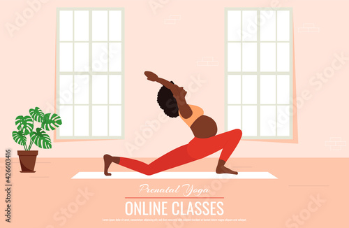Black pregnant woman yoga. Online yoga classes, vector illustration. Vector banner, eps 10