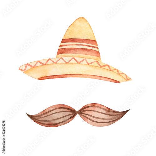 Watercolor hand drawing sombrero hat and mustache isolated on white background. Mexican holiday. Cinco de mayo.