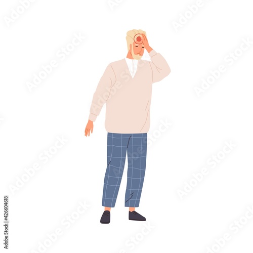 Sad person suffering from headache. Man touching injured head with hand, feeling ache, tension and discomfort. Human with chronic pain. Colored flat vector illustration isolated on white background