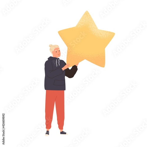 Customer giving positive feedback and review of services. Client rating app or website with golden star. Online appraisal concept. Colored flat graphic vector illustration isolated on white background