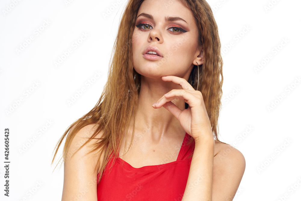 Pretty woman red t-shirt cosmetics light background leisure Pretty woman red t-shirt cosmetics light background leisure