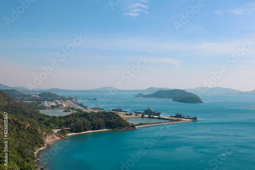 High point view for looking at the location of Sattahip Naval Base with clear sky and blue sea. Sea view and the island close to Sattahip Naval Base  Thailand