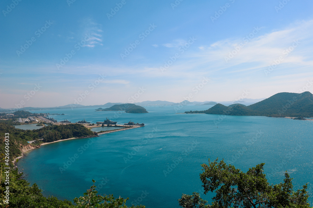 High point view for looking at the location of Sattahip Naval Base with clear sky and blue sea. Sea view and the island close to Sattahip Naval Base, Thailand.