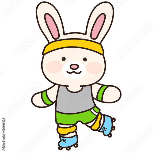 Adorable white bunny rollerblading with knee supporters on outlined