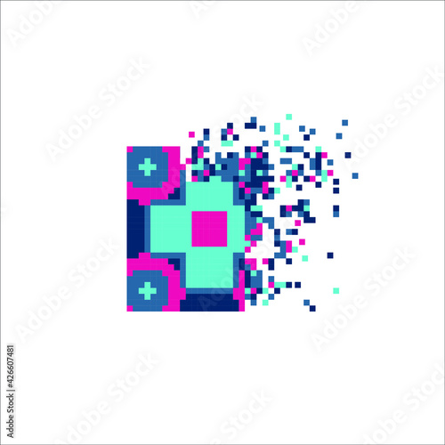 Pixel art tile disintegration into pixels, illustration for graphic design