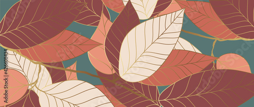 Tropical leaves background vector with golden line art texture.  Luxury wallpaper design for prints, poster, cover, invitation, packaging design background, wall art and home decoration.