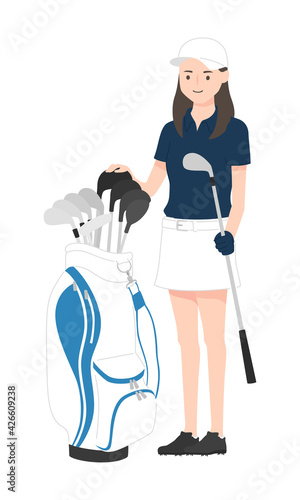 ゴルフクラブを持ってる女性のイラスト。大きなキャディバッグとゴルフウェアの若い女性。