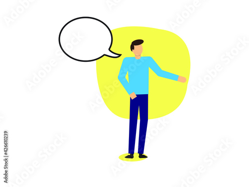 Happy young man talking and explaining something with speech bubble.