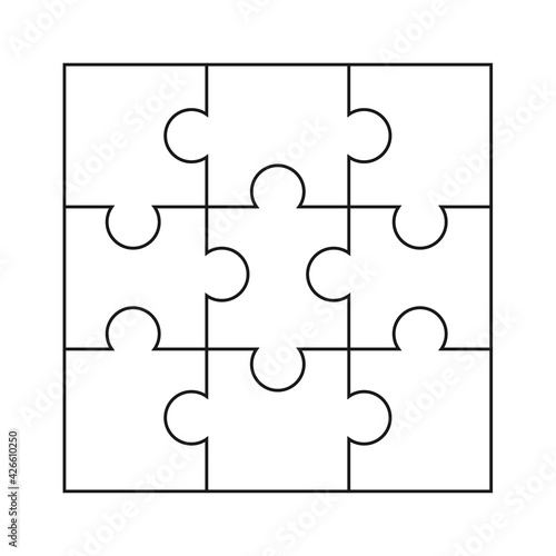 Set of 9 puzzle piece on white background. Simple temwork jigsaw game template. Vector illustration.