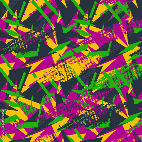 Urban seamless pattern with chaotic geometry shapes and grunge spots