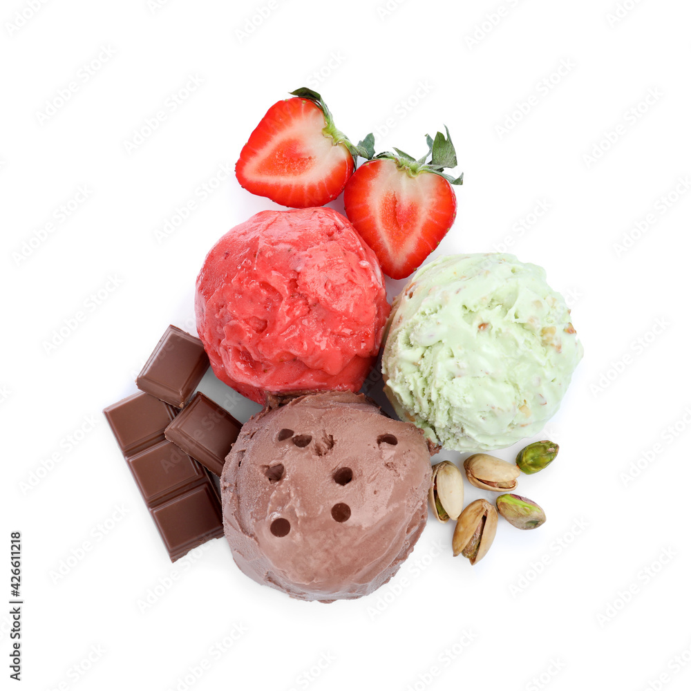 Scoops of different ice creams with strawberry, chocolate and pistachio nuts on white background, top view Scoops of different ice creams with strawberry, chocolate and pistachio nuts on white background, top view