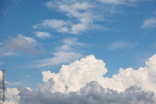 Bright blue sky with white fluffy and feathery clouds. Natural background