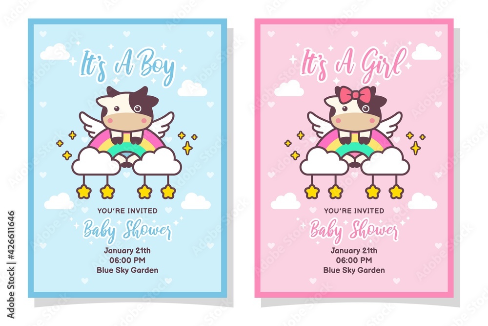 Cute Baby Shower Boy And Girl Invitation Card With Cow, Cloud, Rainbow, And Stars