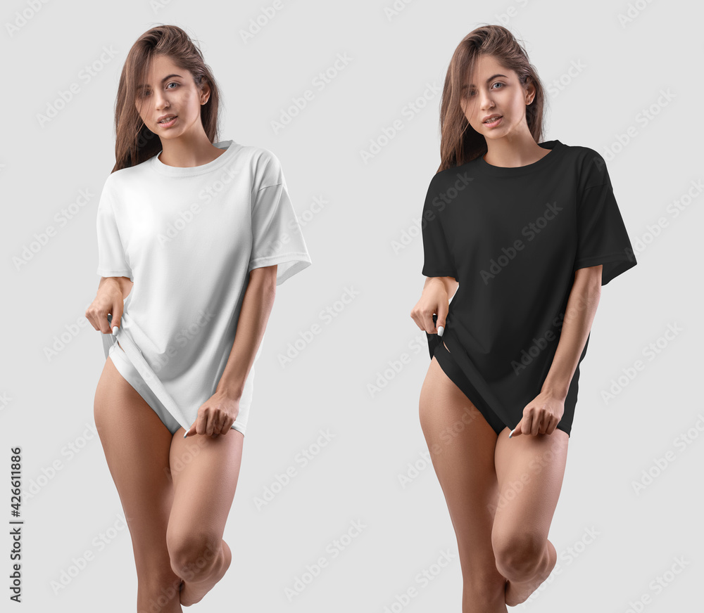 Mockup of a white, black T-shirt on a half-naked girl. Set of clothes Stock  Photo | Adobe Stock