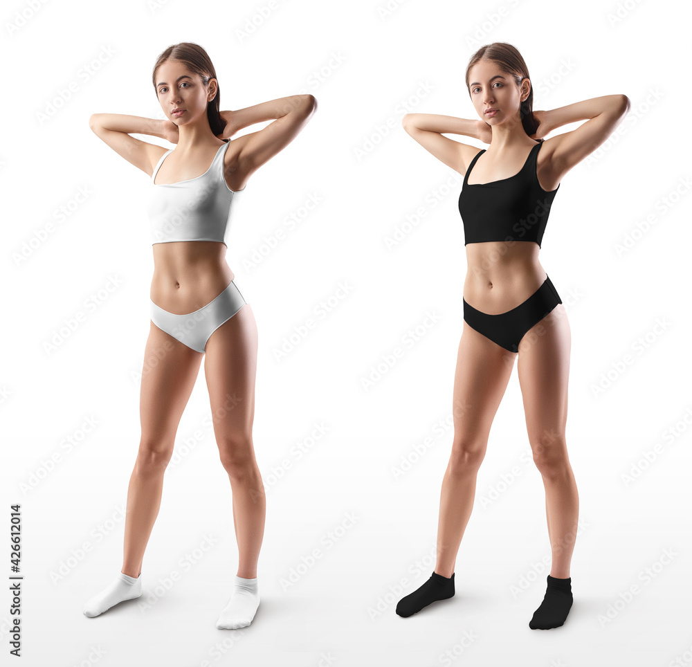 Mockup of white, black underwear, top and panties on a sexy girl. Set Mockup of white, black underwear, top and panties on a sexy girl. Set
