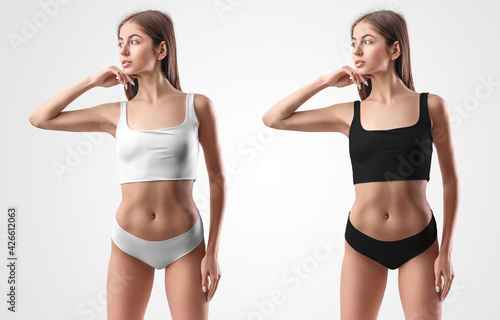 Mockup of white, black underwear, top and panties on a sexy girl. Set © olegphotor