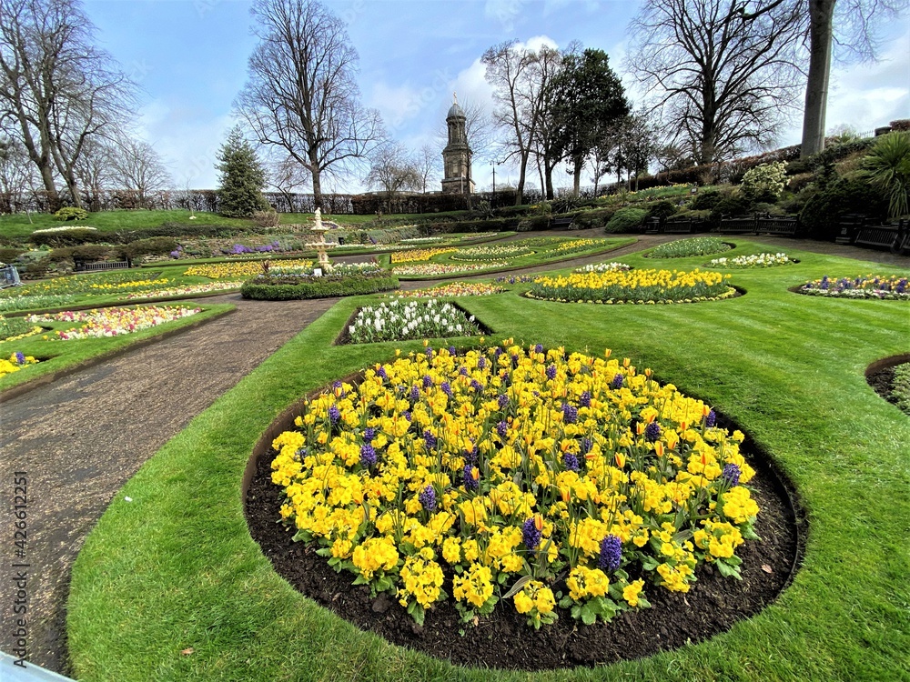 A view of st Chads Church in Shrewsbury with flowers in the foreground