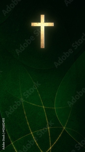 Fényképezés Golden Christian Cross on liturgic green copy space vertical banner background