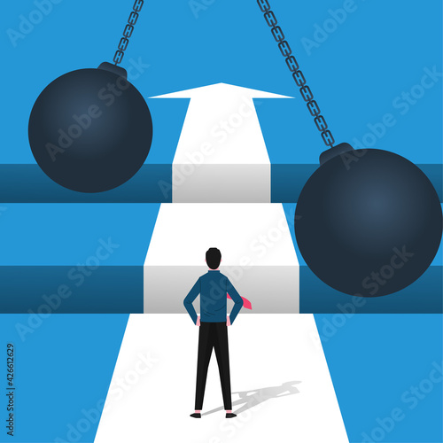 Business challenge concept with businessman standing in front of gaps symbol. Success symbol and overcoming obstacles vector illustration.