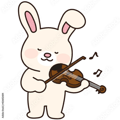 Adorable white bunny playing the violin outlined