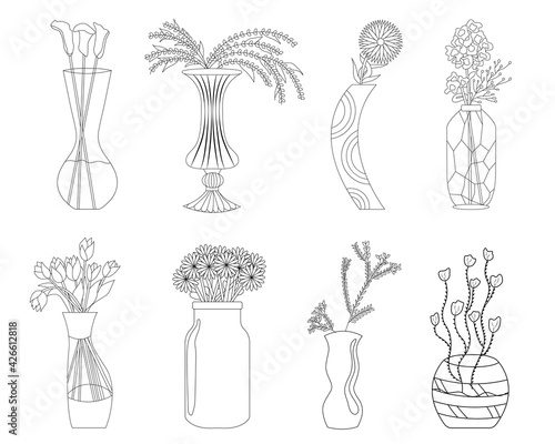 Bouquet of flowers set in doodle style. Tulips, callas, daisies with vases, jugs and glass bottles with water. Flowers for celebration coloring page.