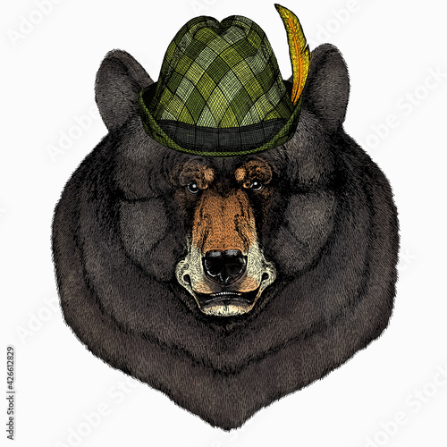 Bear wild animal face. Grizzly cute brown bear head portrait. Animal with tirol hat. Traditional headdress.