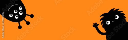 Monster head face silhouette set. Line banner. Happy Halloween. Eyes, teeth, tongue, hands. Hanging upside down. Black Funny Cute kawaii cartoon baby character. Flat design. Orange background.