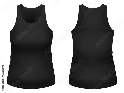 Blank black tank top template. Front and back views. Vector illustration.