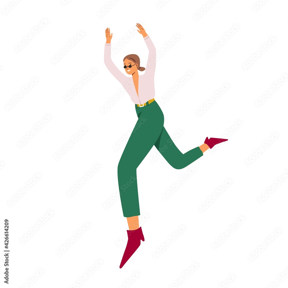 Fototapeta premium Happy young woman jumping for fun and joy, feeling freedom. Carefree smiling character with positive expression. Colored flat vector illustration of modern trendy person isolated on white background