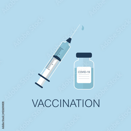 Icon plastic medical syringe with needle and vial in flat style, concept of vaccination, injection, isolated vector illustration