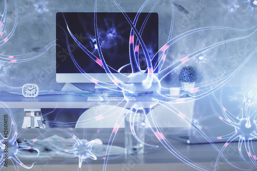 Double exposure of neuron drawing and office interior background. Concept of education.