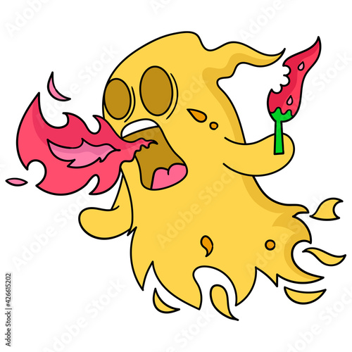 yellow ghost eating hot chilli spitting fire. cartoon emoticon. doodle icon drawing