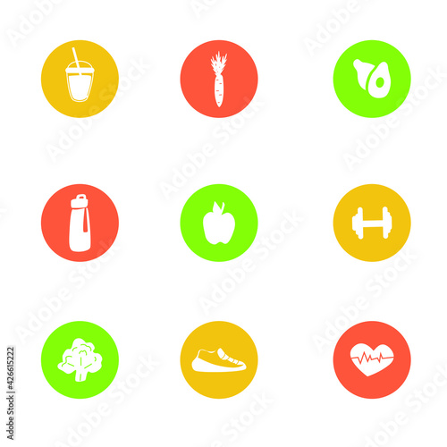 Healthy lifestyle icons. Vector graphics. Food, sports. Isolated on white background.
