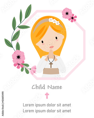 My first communion card. Girl praying