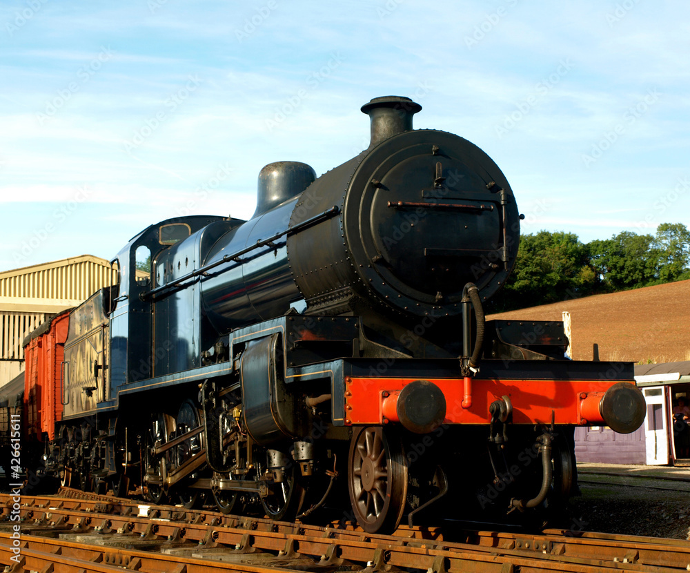 Obraz premium Blue Steam Locomotive with goods wagons standing in station