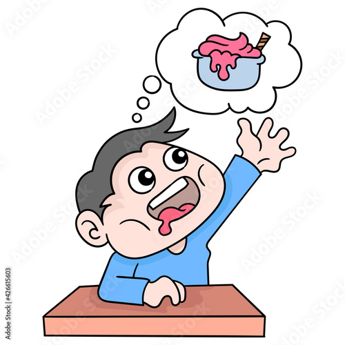 boy is hallucinating a daydream imagining a bowl of ice cream. cartoon emoticon. doodle icon drawing