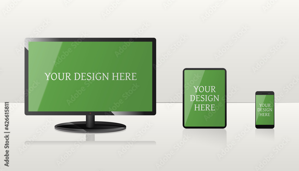 Mockup of computer, laptop, and smartphone with green screens. Mockup of computer, laptop, and smartphone with green screens.