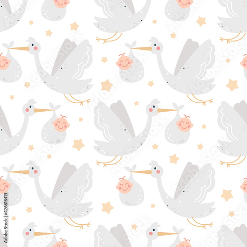 Childish seamless pattern with storks and babies.