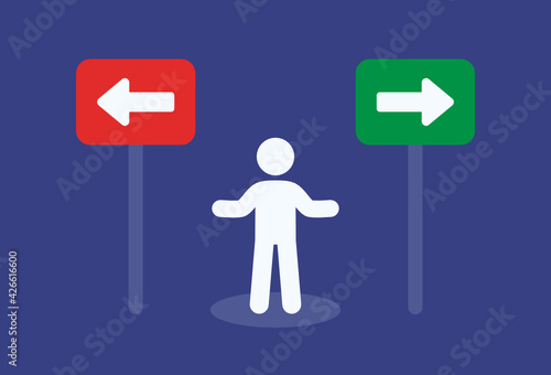 Choice making red or green arrow for different directions. Decision for choose a way. Vector illustration. 