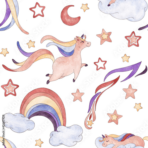 Seamless pattern from a set of watercolor illustrations of a flying unicorn  sleeping unicorn  rainbows between clouds  falling stars  stars and moon in blue  purple  terracotta  cream colors isolated