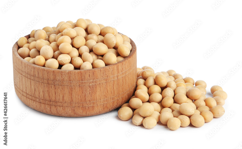 Soya beans with wooden bowl isolated on white Soya beans with wooden bowl isolated on white