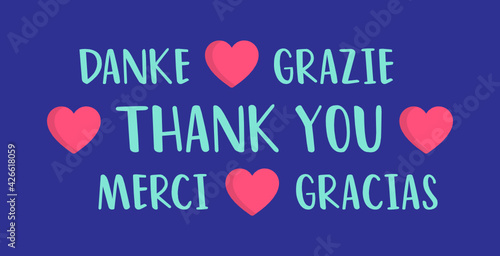 Thank you in foreign languages. Danke, Grazie, Merci, Gracias lettering card vector.
